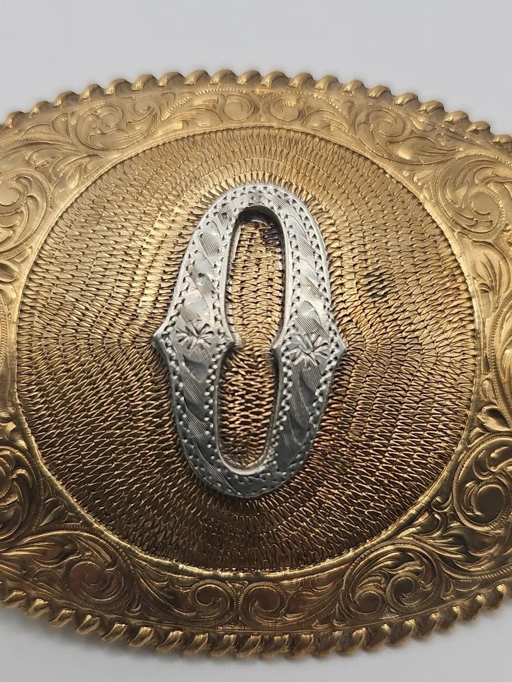 Crumrine El Futuro Bronze Belt Buckle Mens Size OS Gold Silver Initial O Vintage